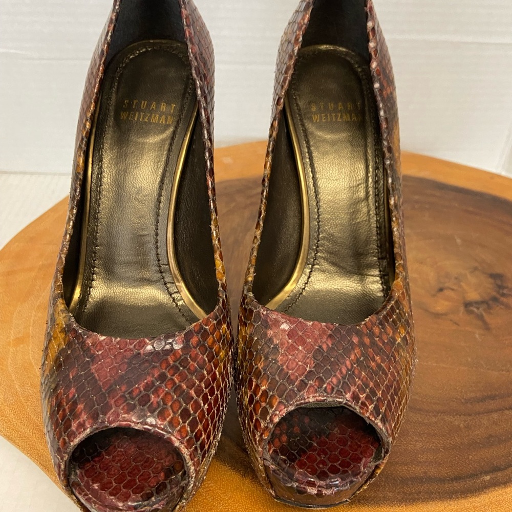 Stuart Weitzman Teal Python Snakeskin Peep Toe He… - image 4
